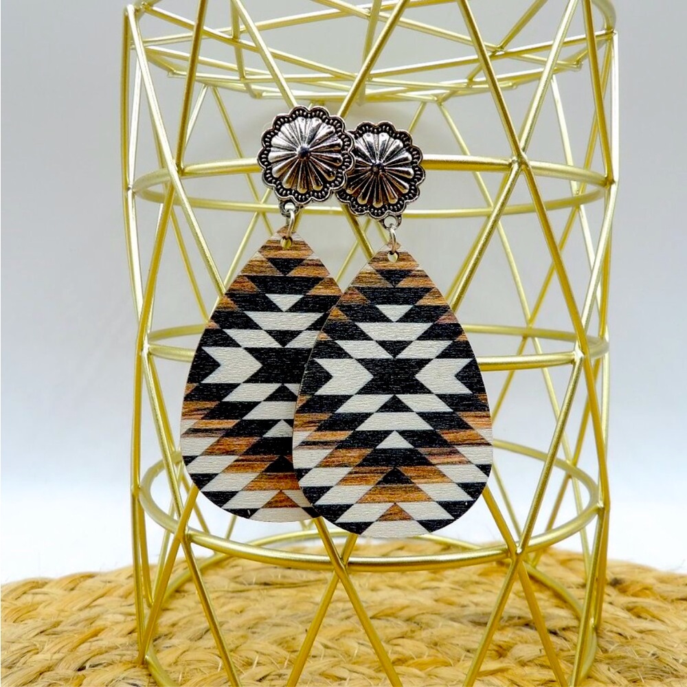 Boutique Western Style Wood Dangle Earrings- Black and Brown Geometric Design